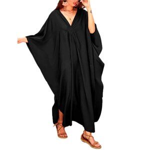 Plus Size V Neck Batwing Sleeve Kaftan Cover Up Dress Lightweight Flowy Beach